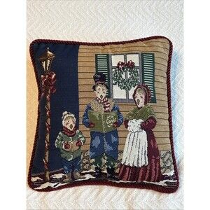 Riverdale Tapestry Throw Pillow Victorian Christmas Carolers Holiday Decor 12x12